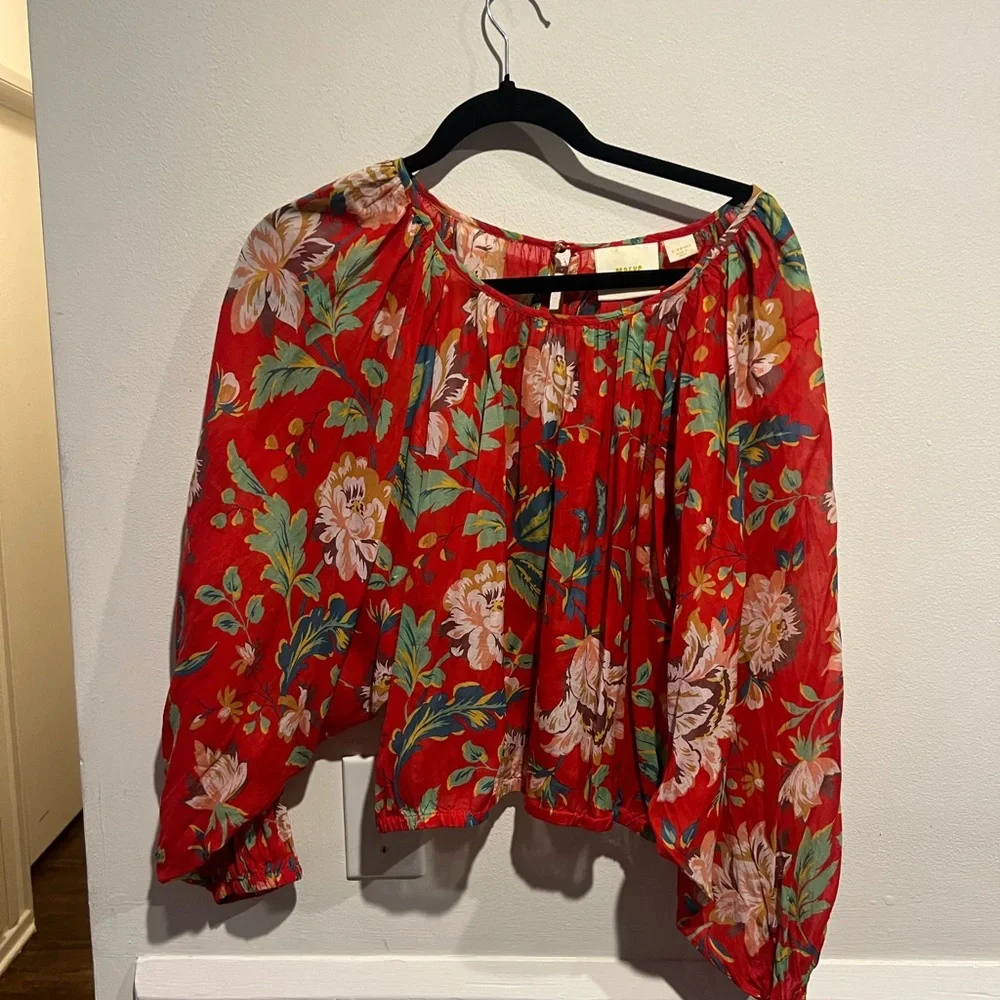 Anthropologie Red Crop Blouse with Relaxed Pleated Style